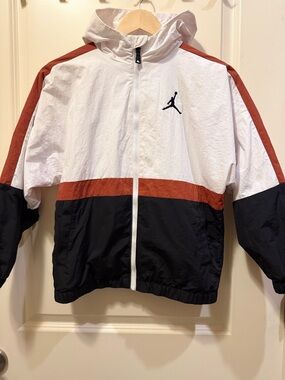 Jordan White, Black and Rust Colorblock Hooded Windbreaker